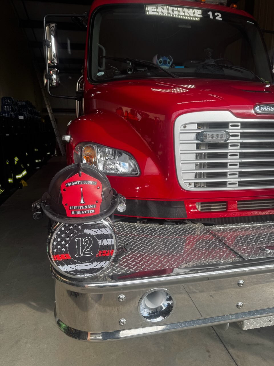 Box 31 Traditional-Style 1-2 Shield shown InService on Engine 12, red shield, black panels, white text, silver bugle