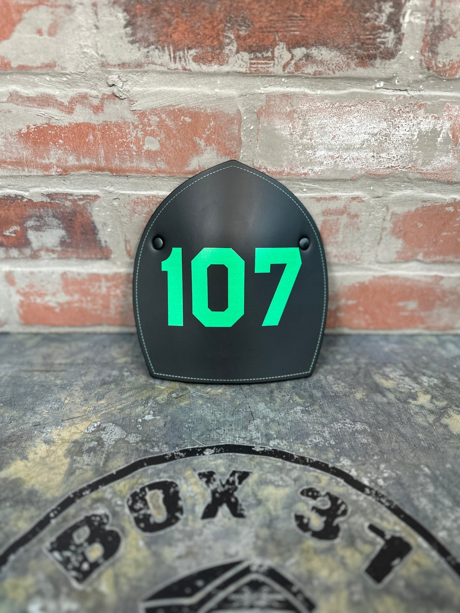 Boston Style Leather Helmet Front — Number - Only Edition - Box 31 Leatherworks