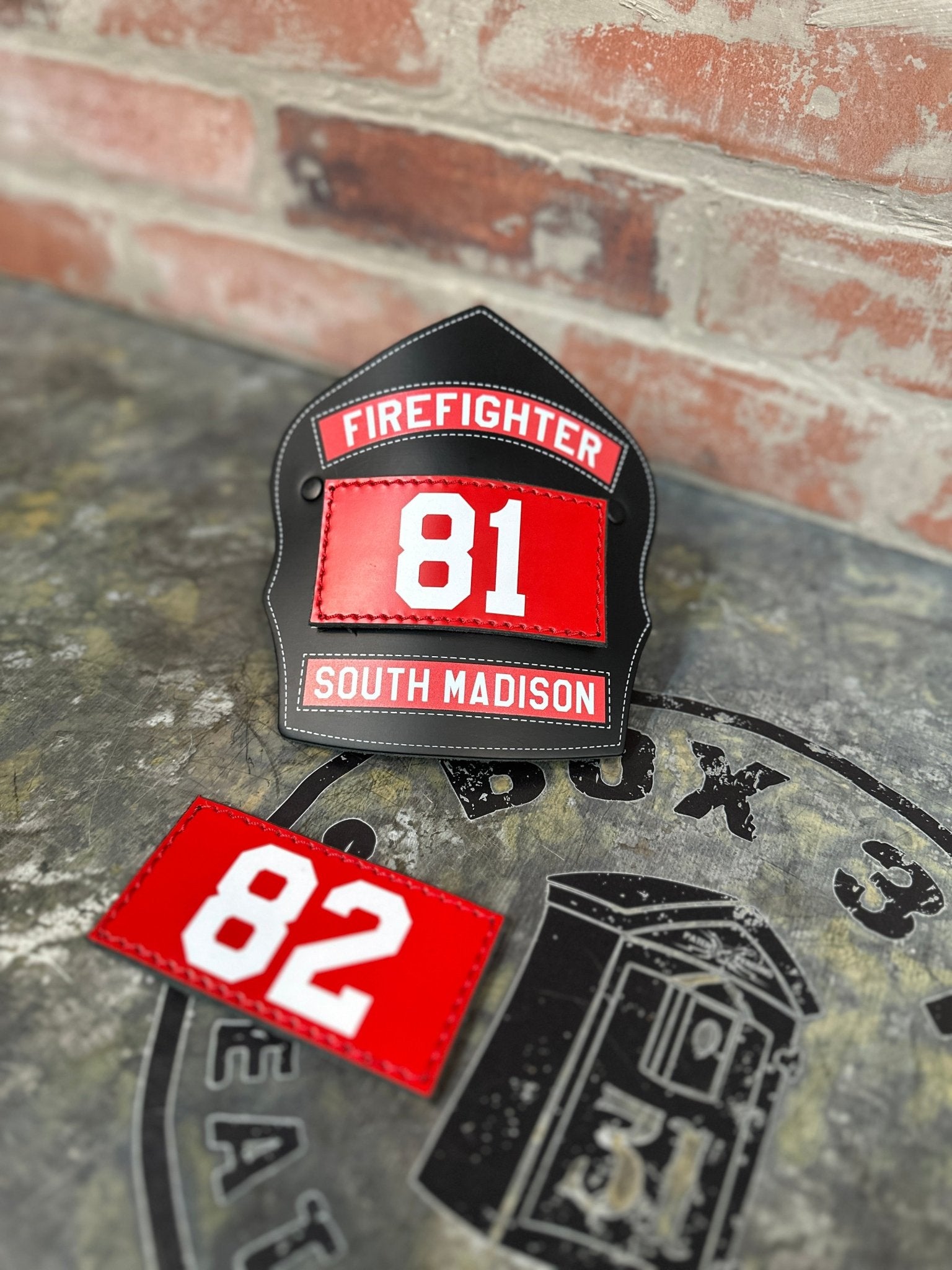 Passport Shield – Custom Leather Fire Helmet Front | Box 31