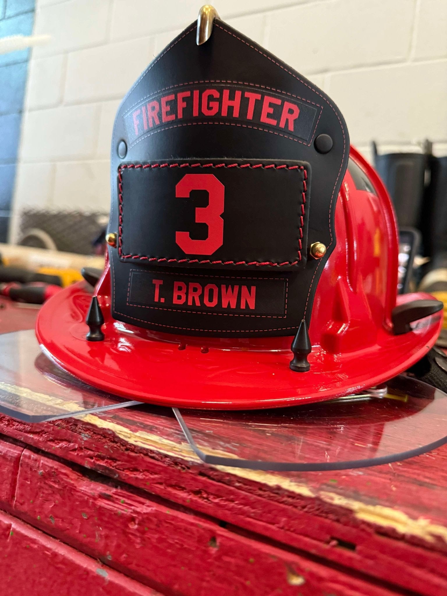 Passport Shield – Custom Leather Fire Helmet Front | Box 31