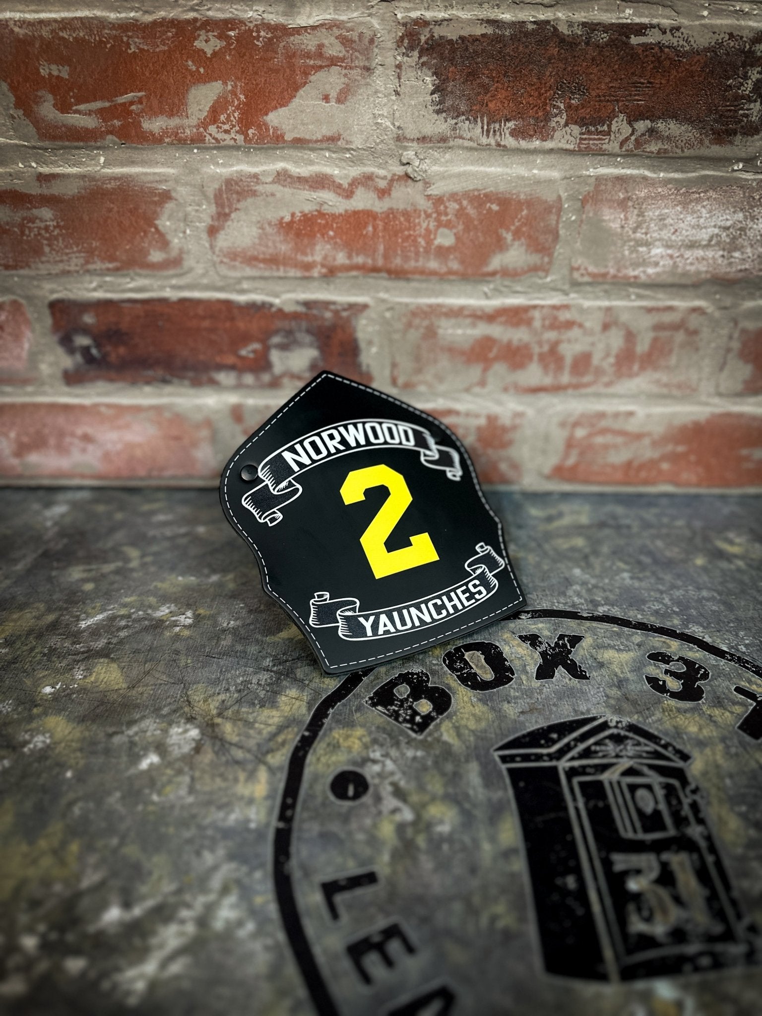 Traditional Shield - Custom Designed Leather Helmet Front - Box 31 Leatherworks